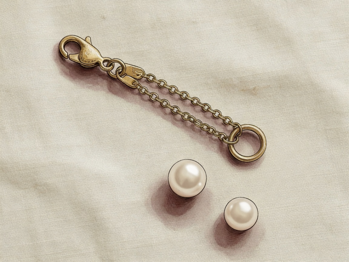 Drawing of a gold lobster clasp on a short extender chain with a jump ring, beside two loose pearls on linen.
