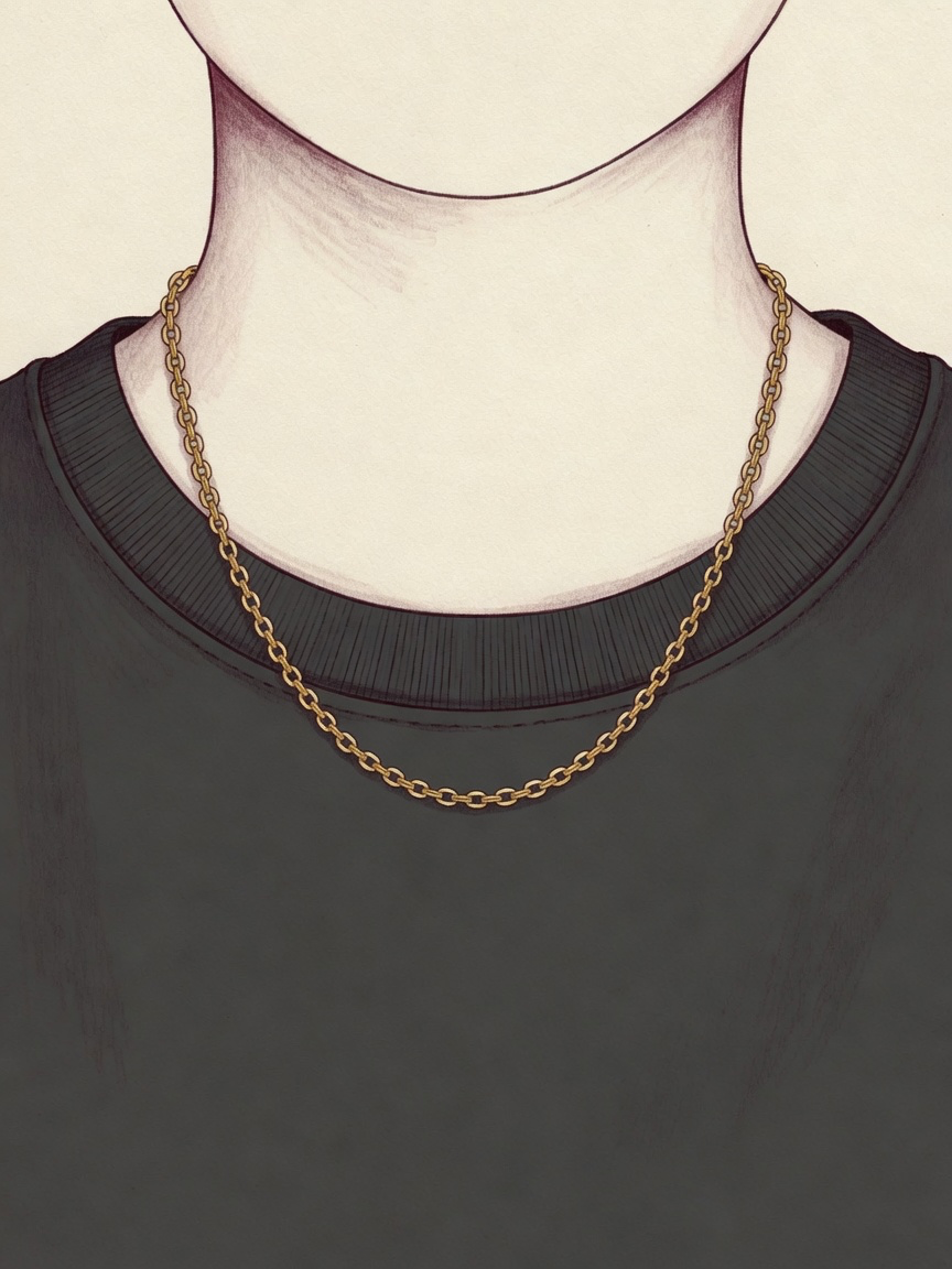 Drawing of a gold princess-length chain sitting just below the collarbone on a charcoal crew-neck shirt.